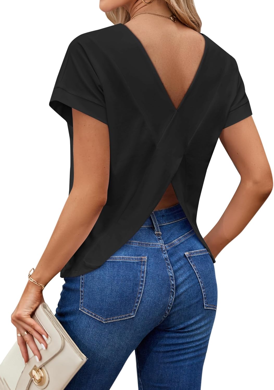 LilyCoco Women's Tie Dye Short Sleeve Shirt Criss Cross Back Tops Casual Loose Tee - Image 5