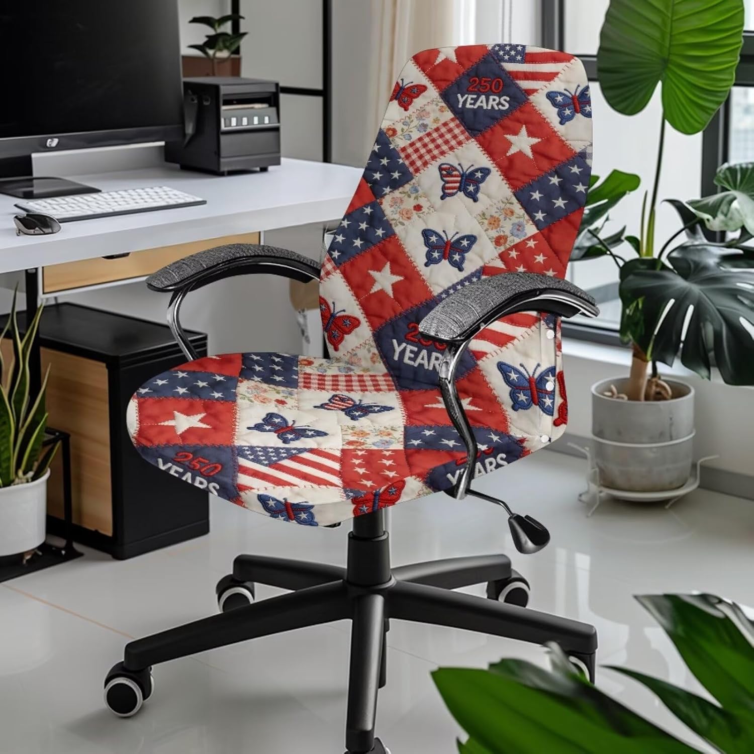 Patriotic Butterfly 250 Years Chair Cover Quilted Red White Blue Chair Cover American Flag Star Stripe Pattern Rolling Chair Protector Memorial Day Patriotic Office Study Room Decor