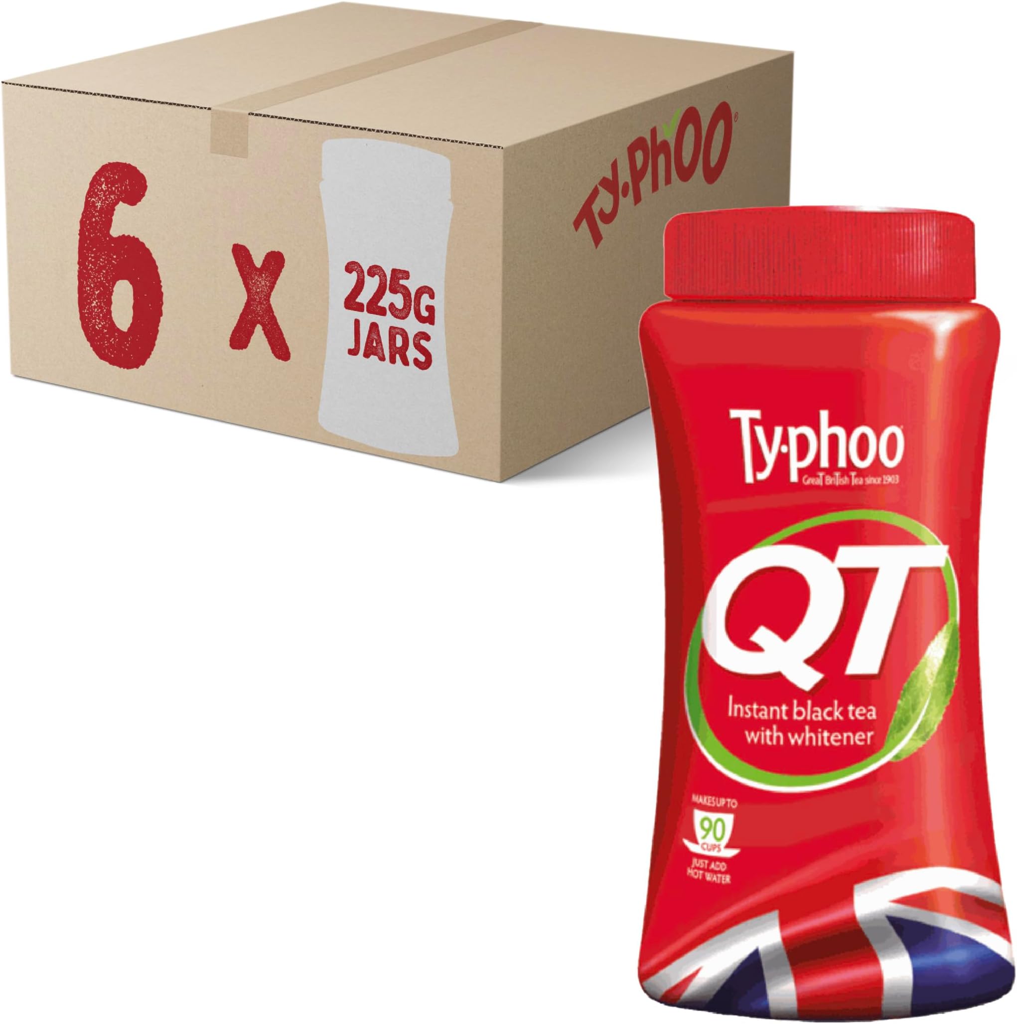 Typhoo QT • Instant One Cup Tea with Whitener • 6 x 225g Tub (Multipack) • Makes Up to 90 Cups of Instant Tea • Creamy, Sweet & Convenient • Just Add Hot Water • No Teabags or Milk Needed