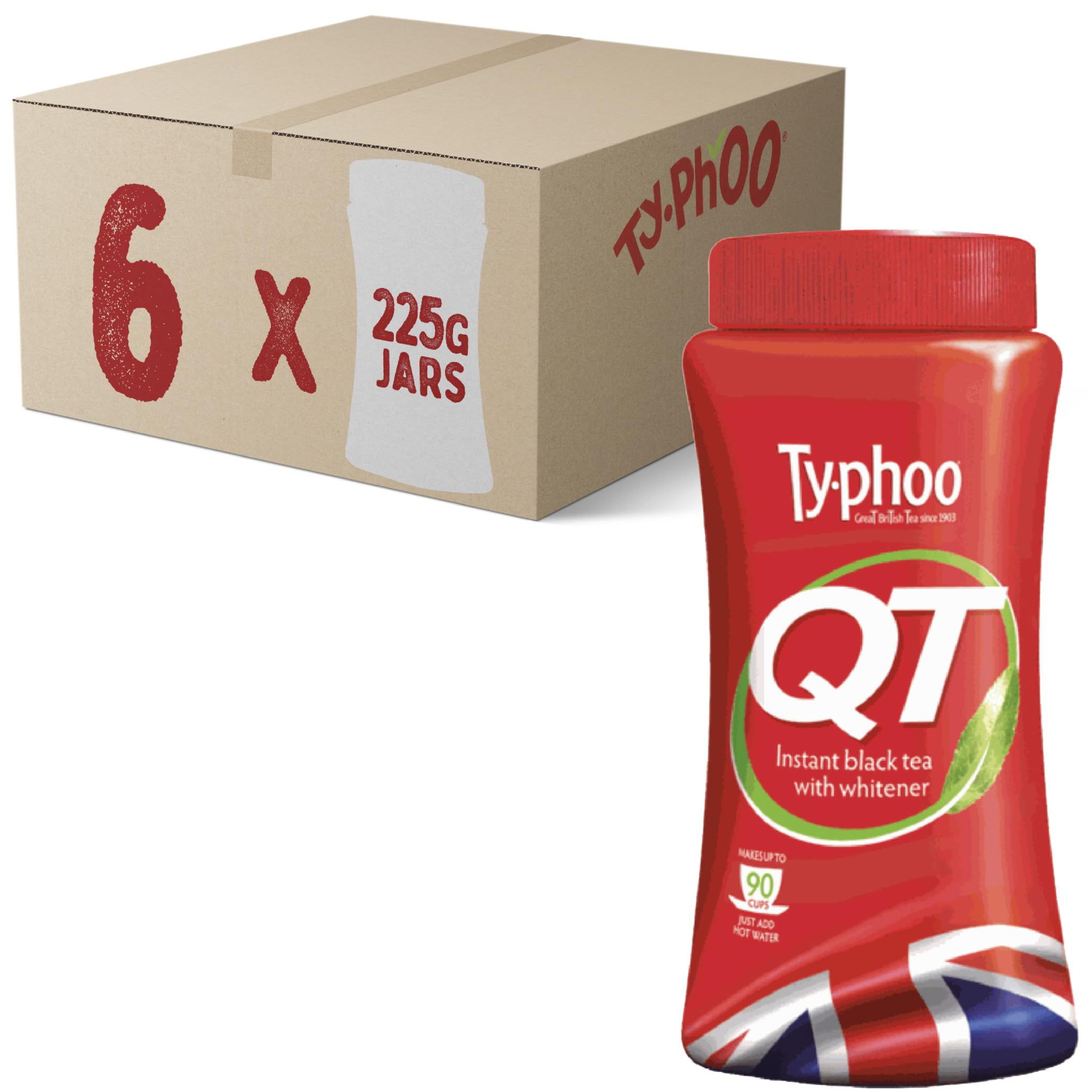 Typhoo QT Instant Black Tea with Whitener, 6 Jars of 225g (Total 1.35kg - Approx 540 Cups)