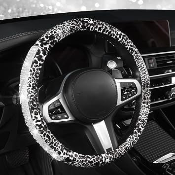 AUTOYOUTH White Bling Leopard Steering Wheel Cover Cheetah Print for Women