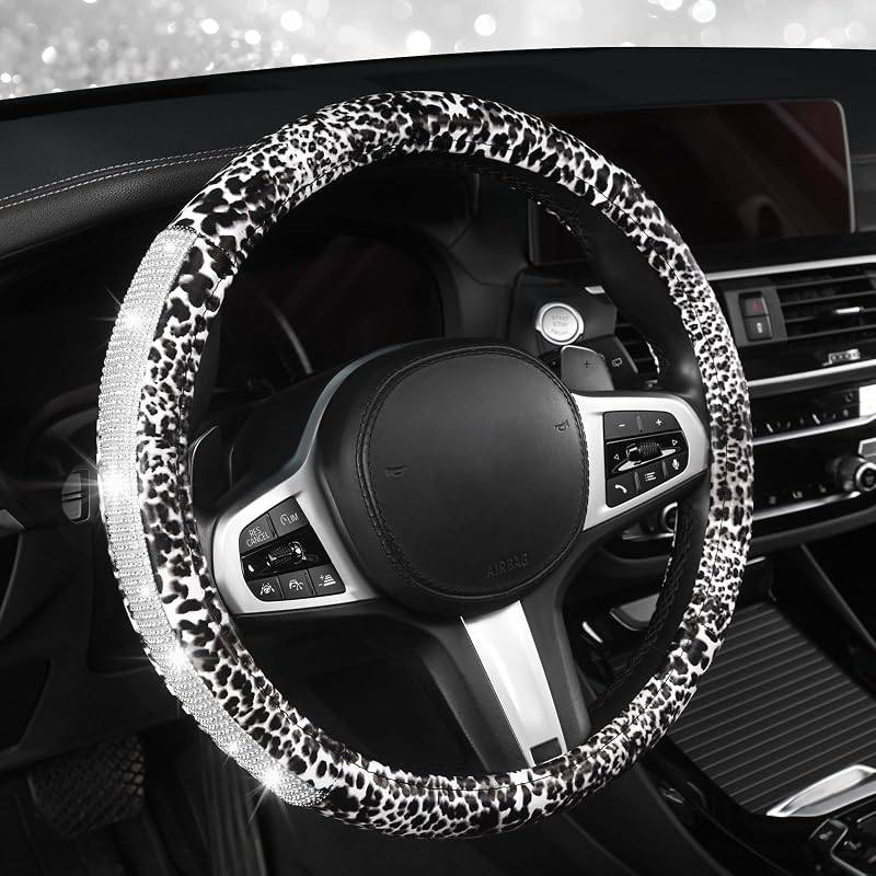 Capa para Volante AUTOYOUTH Branca com Estampa de Leopardo e Strass para Carro, SUV e Caminhão