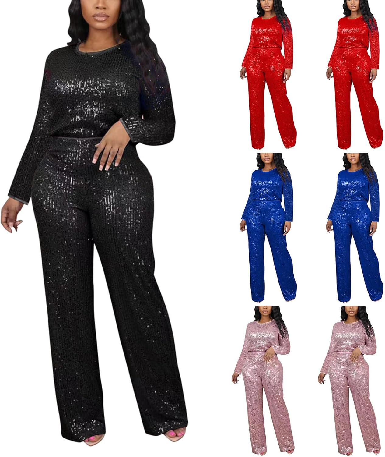 HGps8w Sequin 2 Piece Outfits for Women Long Sleeve Sparkle Wide Leg Pants Set Sexy Glitter Shiny Party Clubwear