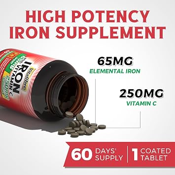 Iron Supplement, 65mg Carbonyl Iron with 250mg Vitamin C, Stomach Friendly Iron Pills for Blood Building Women & Men, High Absorption, No Nausea, No Constipation, Non-GMO, No Gluten, 60 Vegan Tabs