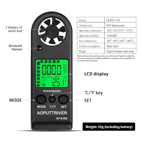 Anemometer Handheld, Air Flow Velocity Meter up to 67mph Light Weight 53g