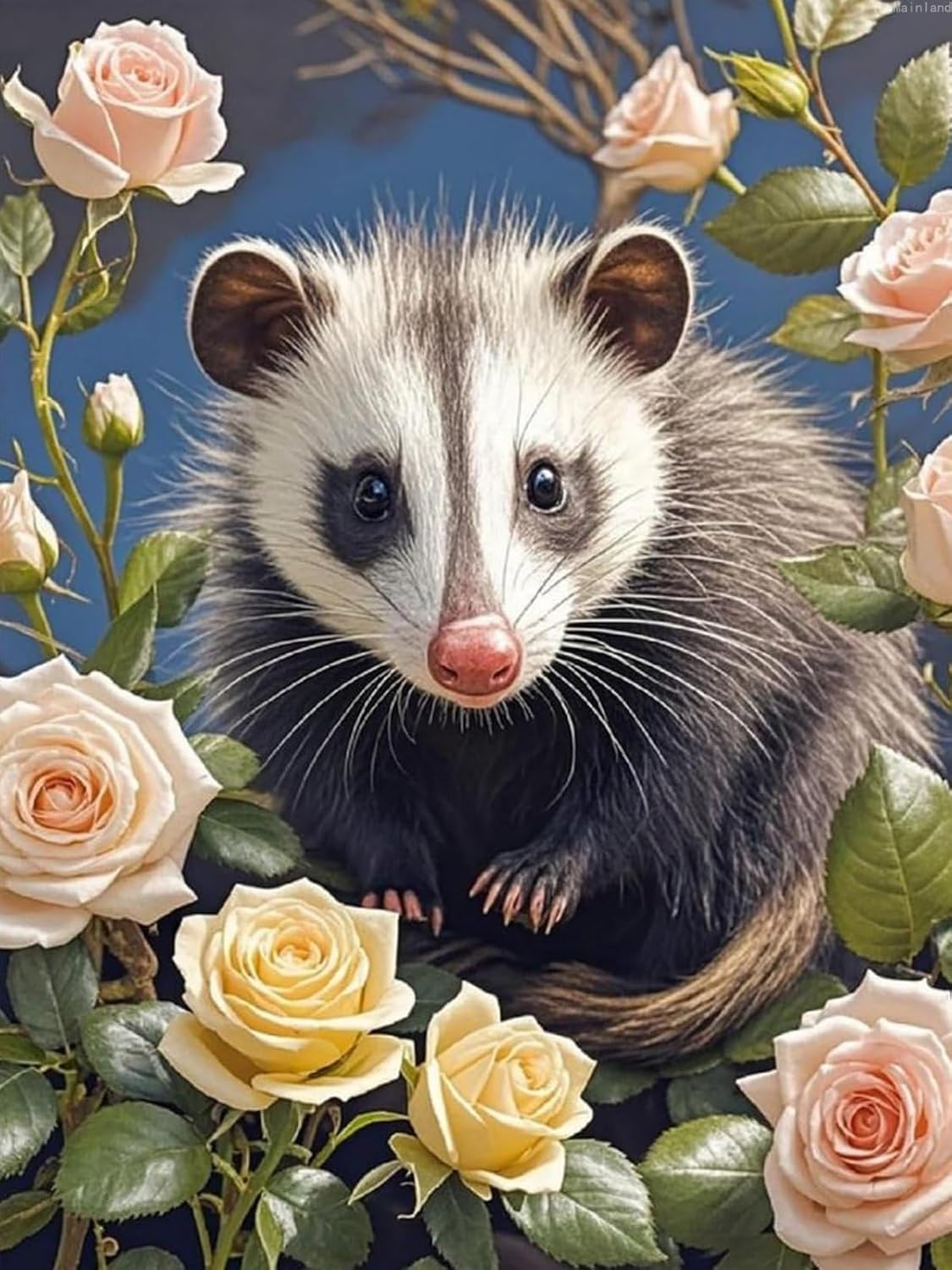 Diamond Painting Kits for Adults Opossum and Roses Paint by Diamond for Beginners Diamonds Art Kits DIY 5D Full Round Drill Paint Gem Art Painting for Home Decor 12x16 inch