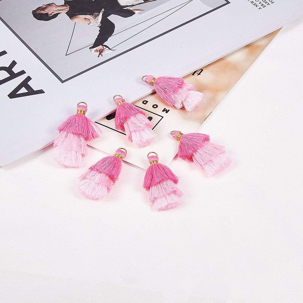 NBEADS 20 Pcs Pink Polyester Tassel Pendants, Tri-Layered Tassels with Gold Jump Ring for DIY Projects, Jewelry Making, Decoration, Bookmarks