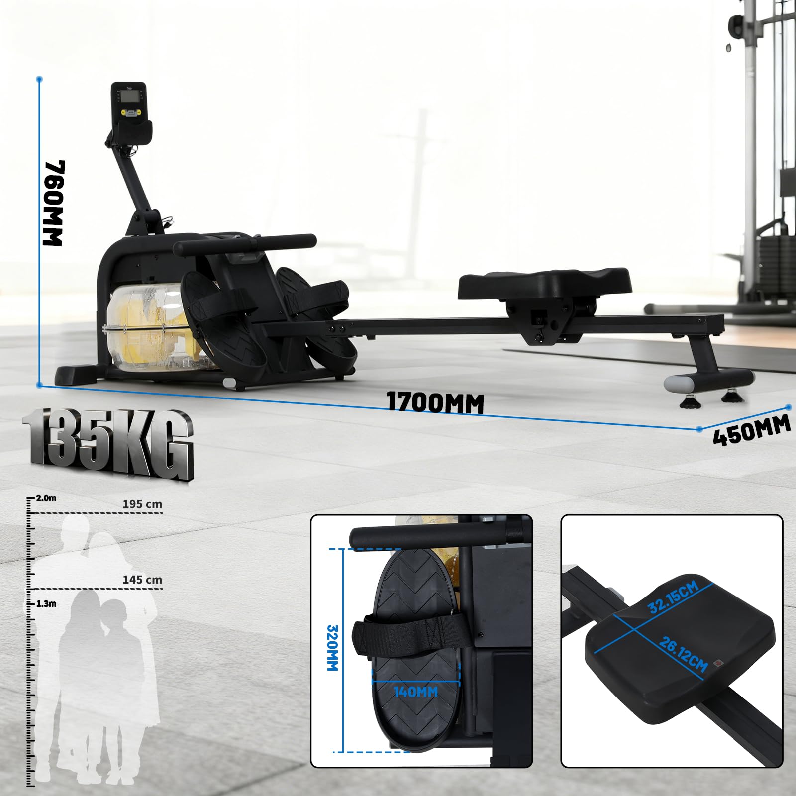 Rameur Eau d'Appartement Musculation avec Résistance Réglable, Multifonction Écran LCD, Support Tablette, Rameur a Eau Rails Lisses/Siège Confortable, Rameurs Ergonomie Capacité 135KG, Noir
