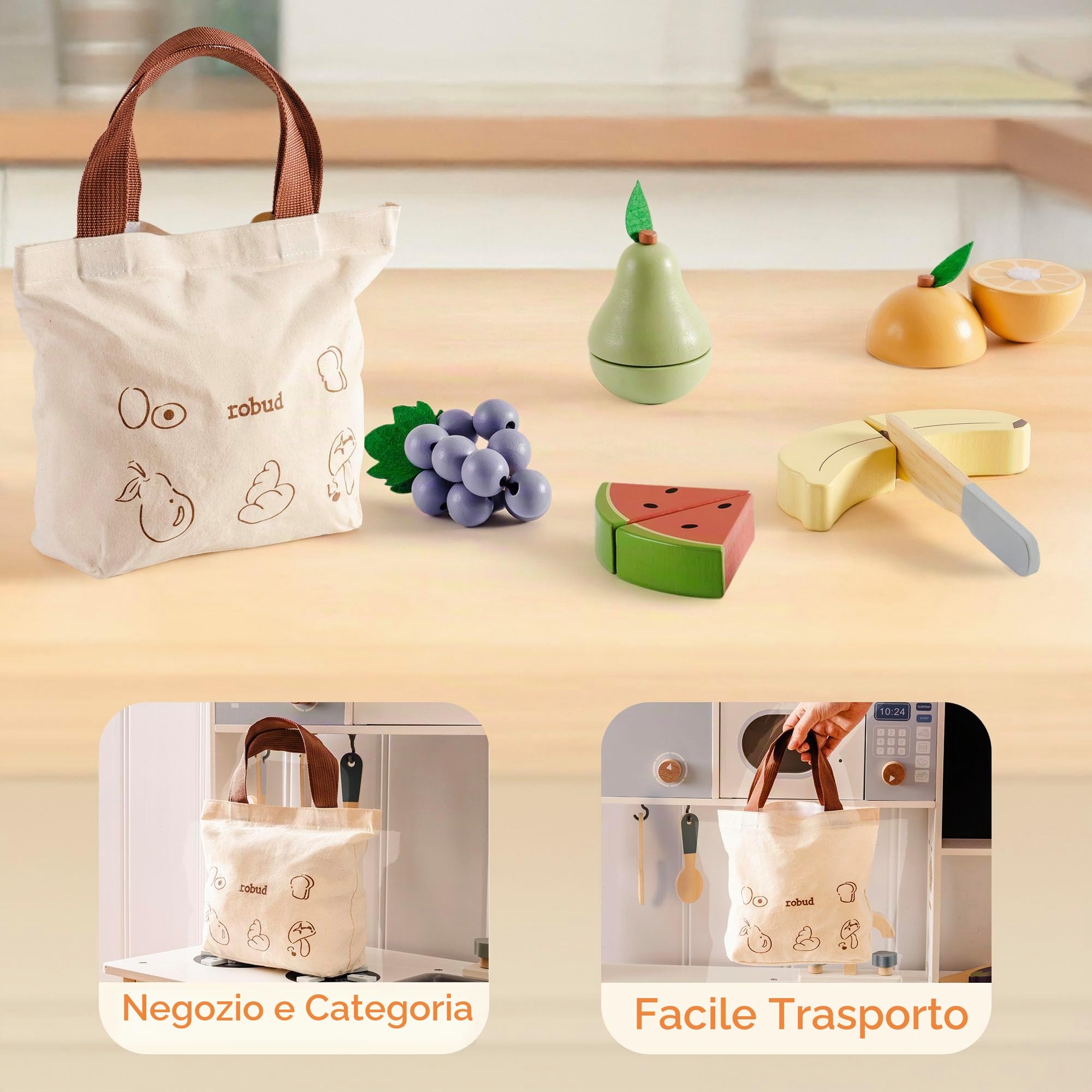 ROBUD Accessori per la cucina dei bambini in legno per giocattoli, alimenti per giochi di ruolo, cucine da gioco con custodia, regali per bambini a partire dai 3 anni in su, set di frutta