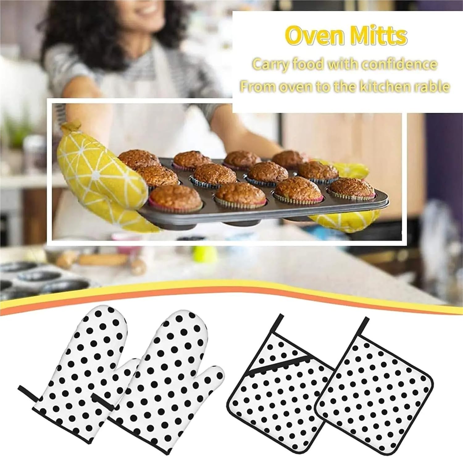 Black Polka Dot Oven Mitts and Pot Holders Set of 4 Heat Resistant Hot Pads Polyester Non‑Slip Gloves for Kitchen Cooking Baking