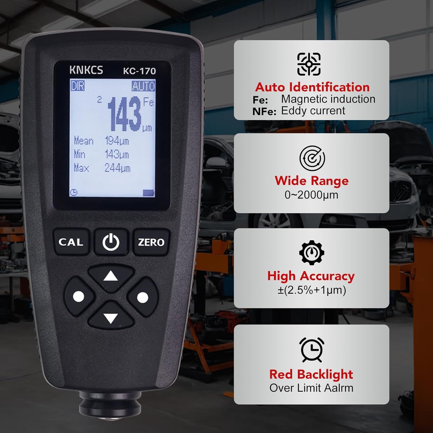 Paint Depth Gauge - Paint Meter for Iron, Steel, Aluminum with 0~2000μm Coating Thickness Gauge with Auto Substrate Recognition, 0.1μm Resolution, USB Data Transfer, Red Alert Backlight
