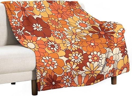 Miniatura 41 de Manta de tiro floral retro de los años 70, estilo bohemio, ondulado, geométrico, hippie, lindas flores, amarillo y naranja, manta con estampado