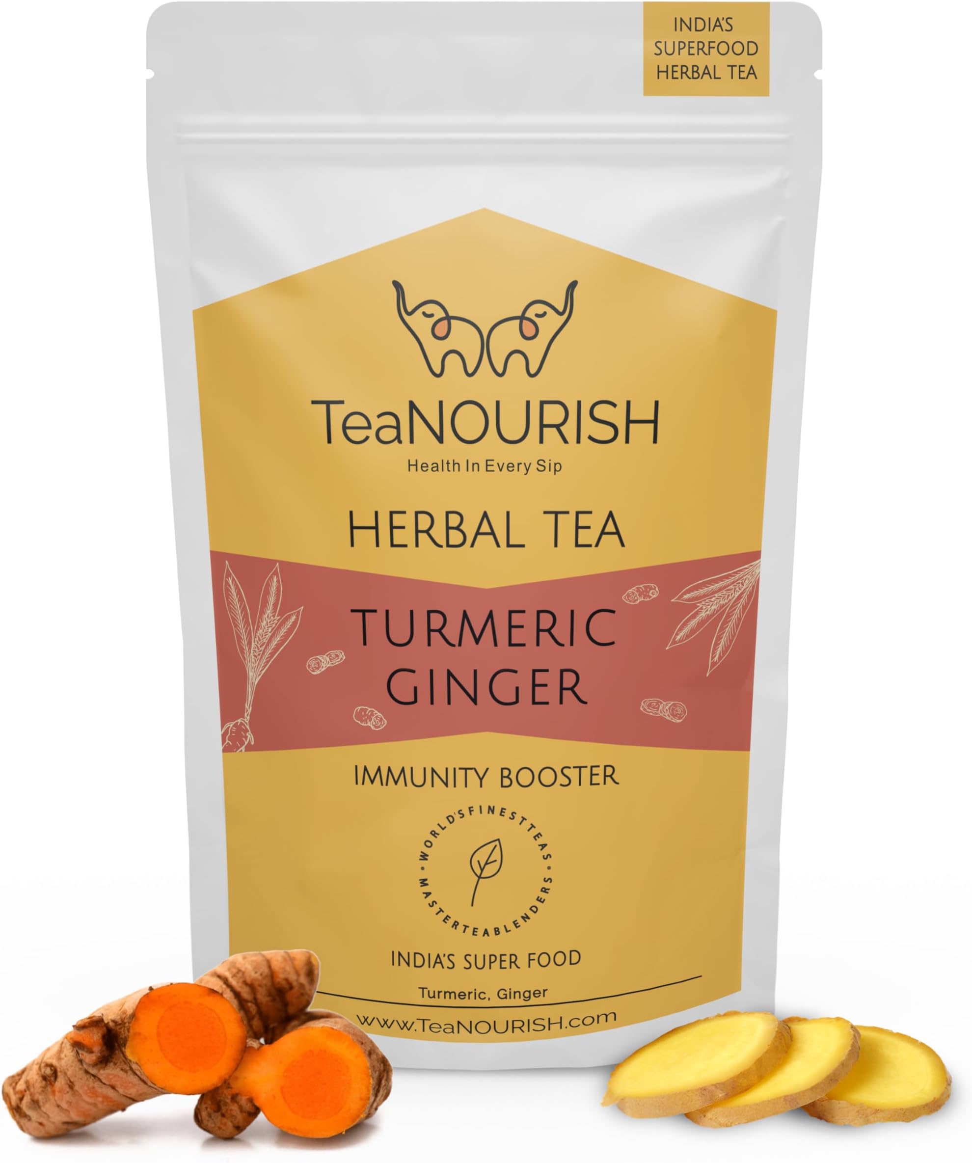 TeaNOURISH Turmeric Ginger Herbal Tea | Indian Superfoods | Aids Digestion & Supports Immunity | Stress Relief Tea | 100% NATURAL INGREDIENTS - 3.53oz/100g