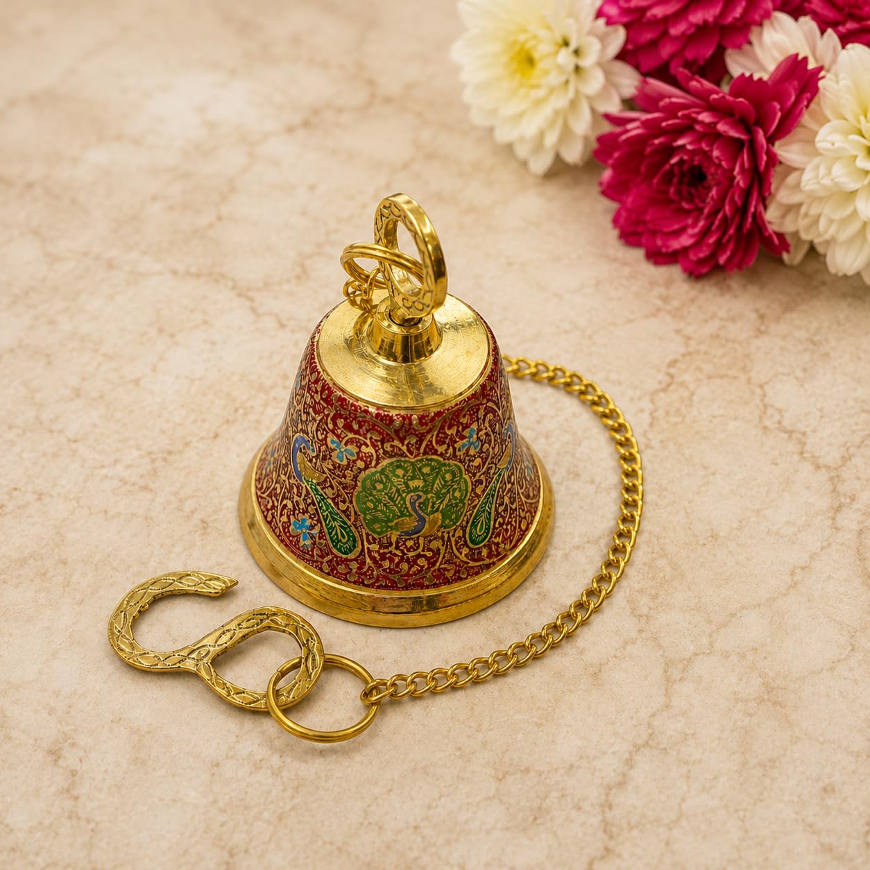 CraftVatika Brass Wall Hanging Bell Ghanti for Pooja Decoration Mandir Home Temple, Pooja Decorative Items, Ghanti Bell with Deep Sound, Puja Bell with Chain and Hook (20 Inch Height) 3