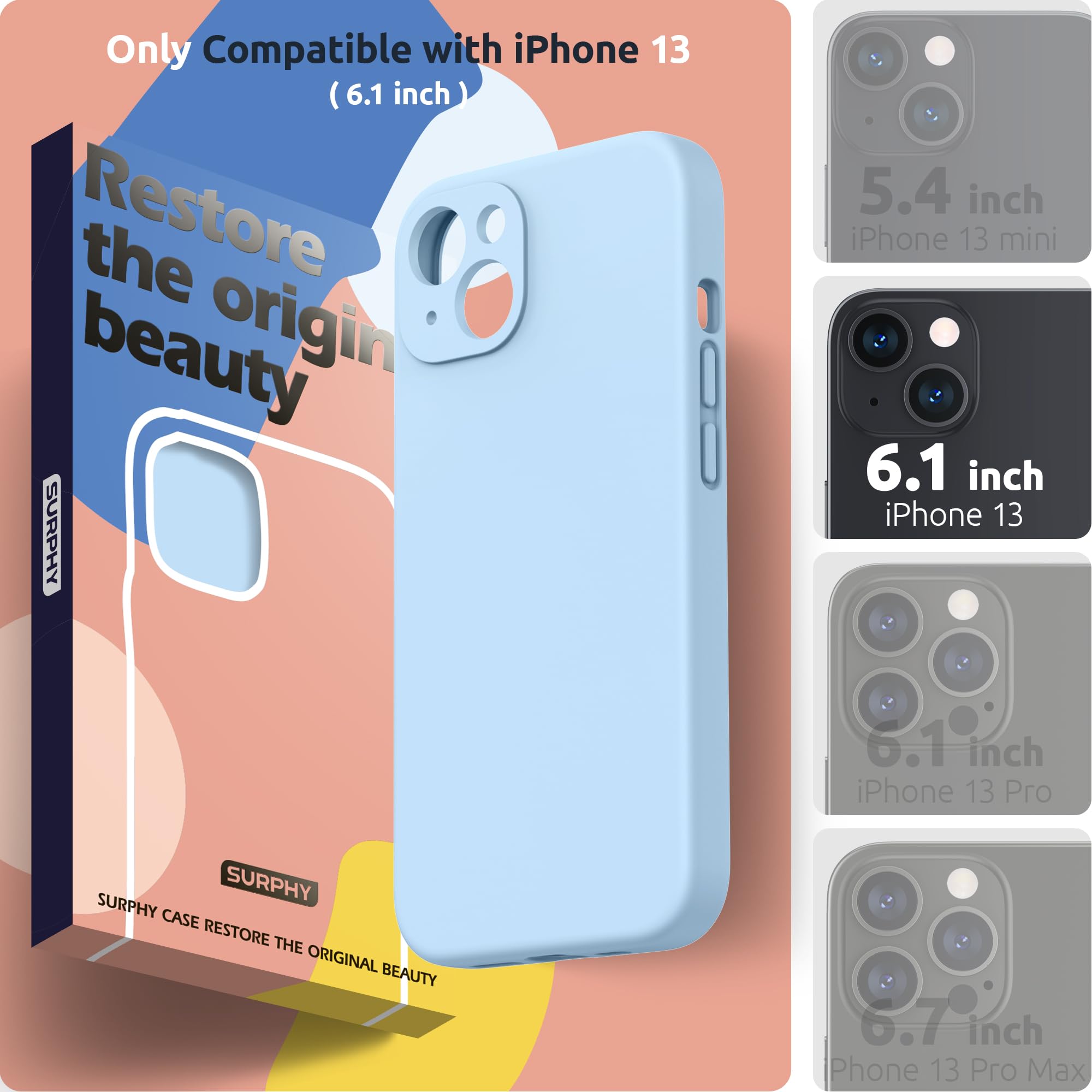 SURPHY Cover Compatibile con iPhone 13 (6,1”), Custodia in Silicone per iPhone 13 Cover Antiurto con Protezione Individuale per Ogni Lente Full Body Protettiva Case per iPhone 13 2021, Blu chiarorde