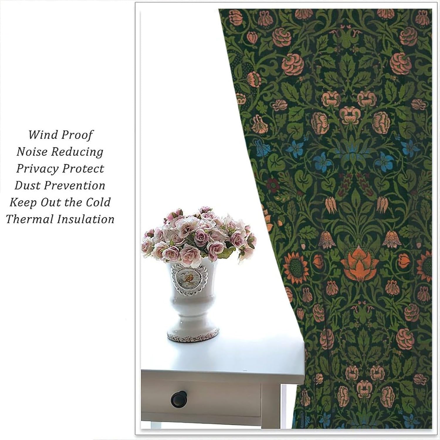 Vintage Flower William Morris Curtains Boho Style Retro Plant Pattern Curtain with Rod Pocket for Bedroom Living Room Home Decor Drapes Window Treatments 2 Panels Set 42" W X 45" L