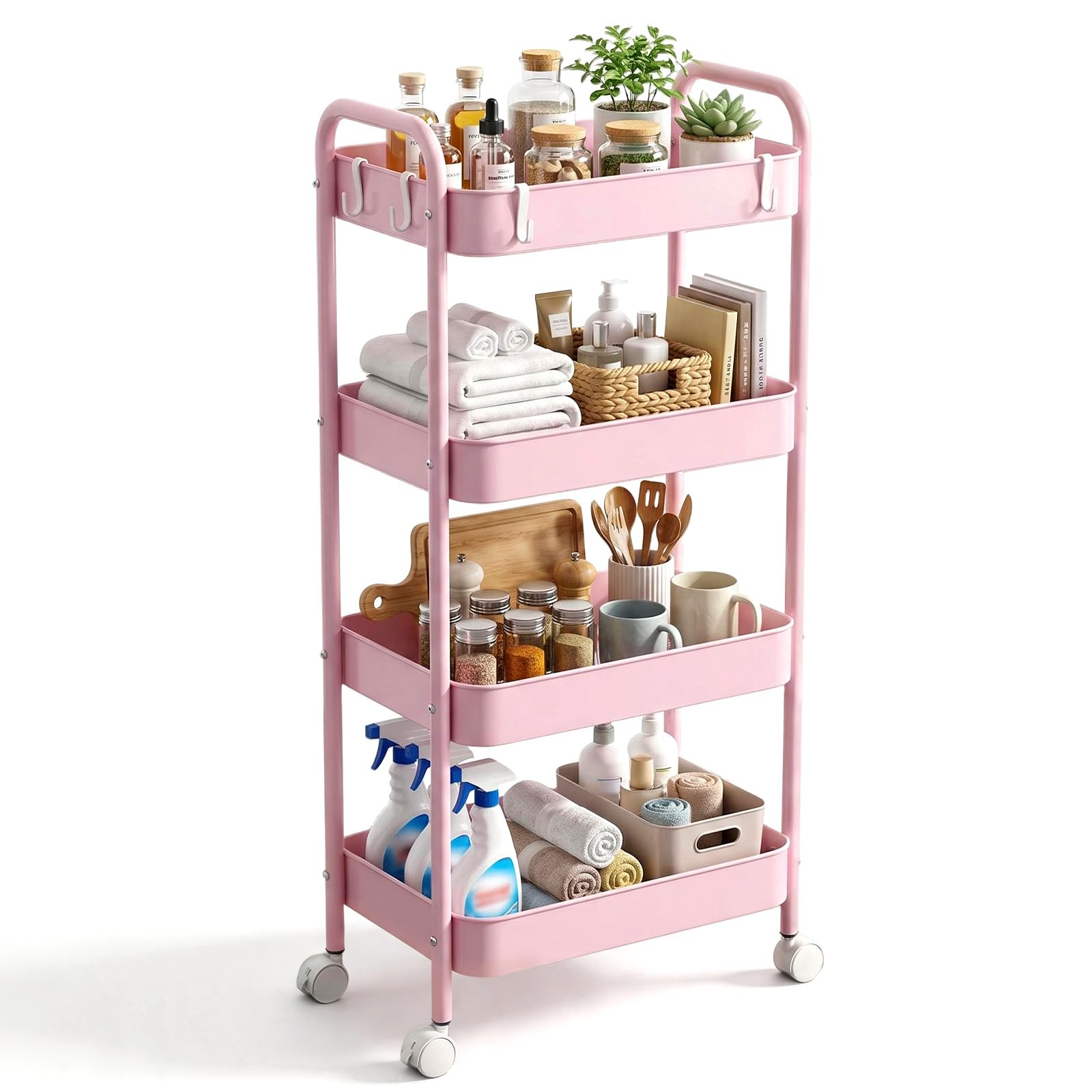 CHUNGG Bathroom Storage 4 Tier Beauty Trolley on Wheels, Mobile Kitchen Trolley with Hooks & Handle, Metal Rolling Utility Cart for Home, Bathroom & Vegetable Storage（ Pink ）