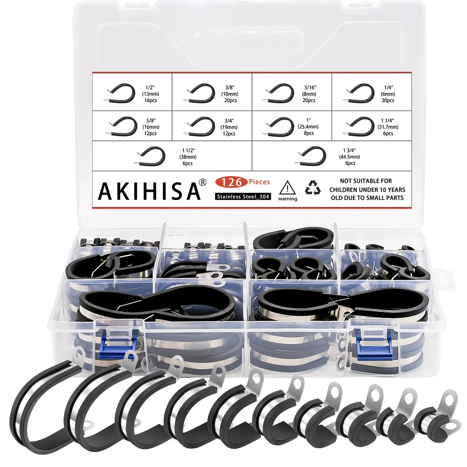 AKIHISA Kit surtido de abrazaderas de cable de 126 piezas, 10 tamaños 1/4" 5/16" 3/8" 1/2" 5/8" 3/4" 1" 1-1/4" 1-1/4" 1-1/2" 1-1/2" 1-3/4" 3/4" 3/4" Acero inoxidable 04. Abrazadera de cable aislada