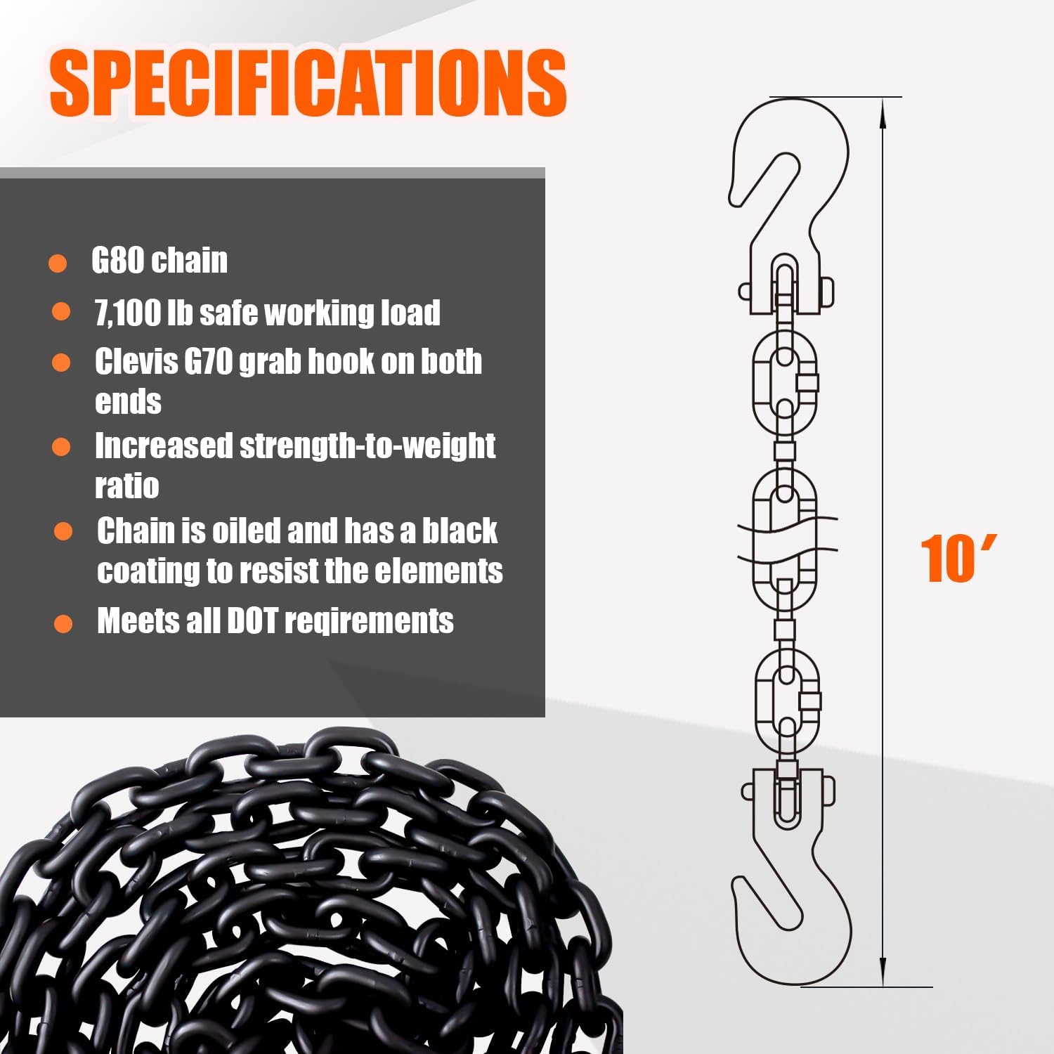 G80 Transport Binder Chain 3/8 Inch x 10 Foot | 7,100 lbs Safe Working Load | Heavy Duty Tow Chain with Clevis Grab Hooks | Ideal for Towing, Tie-Down, and Lifting Applications