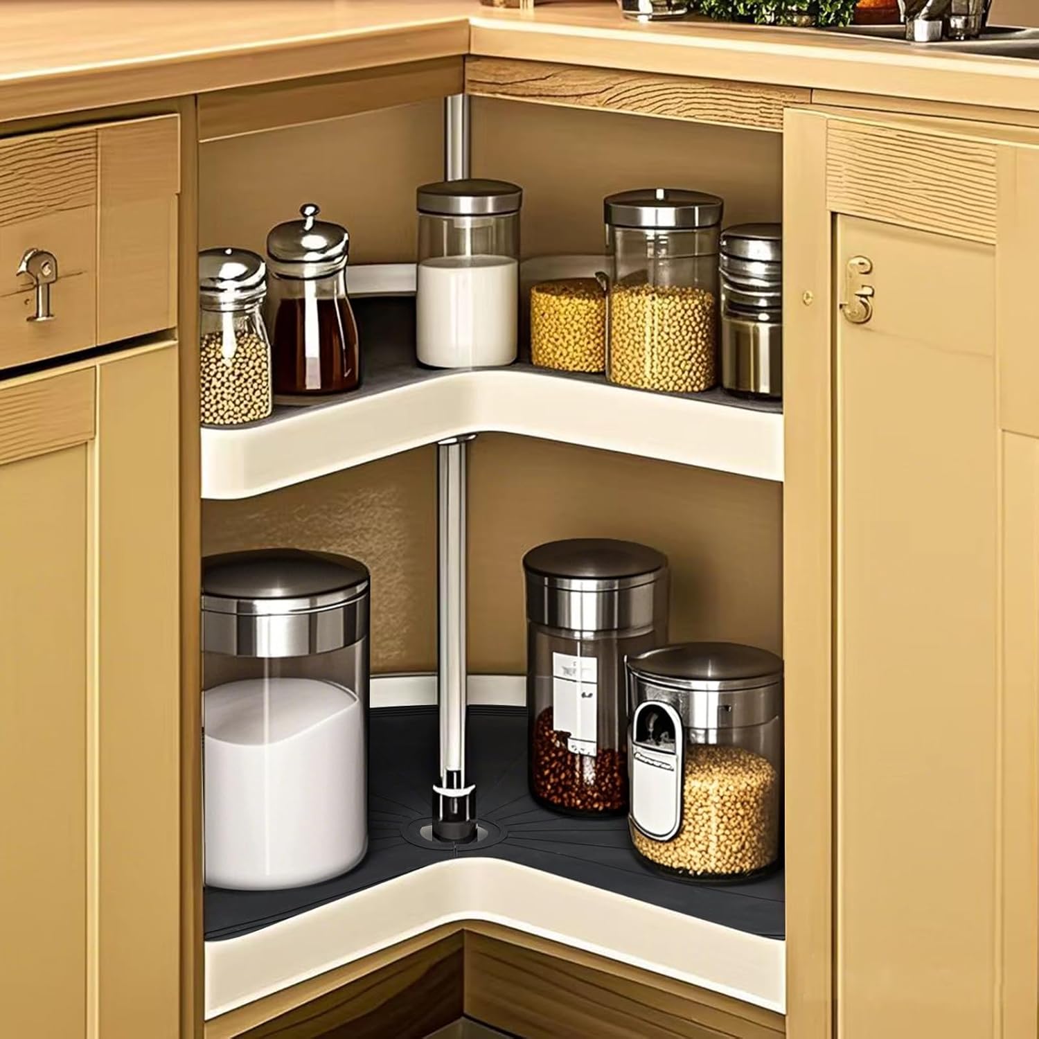 2PCS Lazy Susan Shelf Liner 27" Silicone Lazy Susan Liner Non Slip Kitchen Cabinet Liners Mats for Shelf Drawer Black