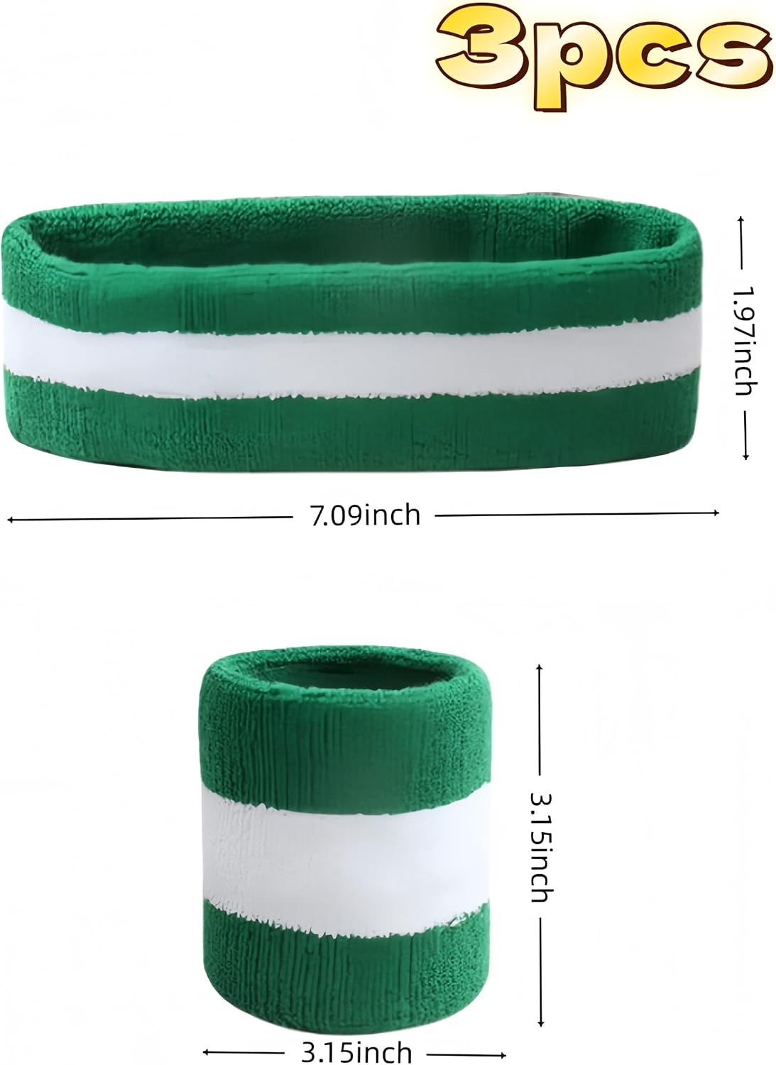 bepisof3 piece Set of Green Tennis Striped Sweatband with Moisture Resistance 2 Wristbands and 1 Headband Suitable for Party/Sports and Jersey Matching