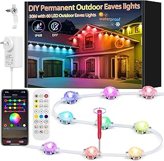 Permanent Outdoor Lights, Can DIY Smart RGB+IC eave Light, 30M with 60 LED Eaves Lights, IP67 Waterproof, for Halloween De...