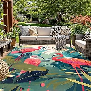 Vibrant Visual Pink Green Flamingo Jungle Pattern Outdoor Rugs 5x7 for P...
