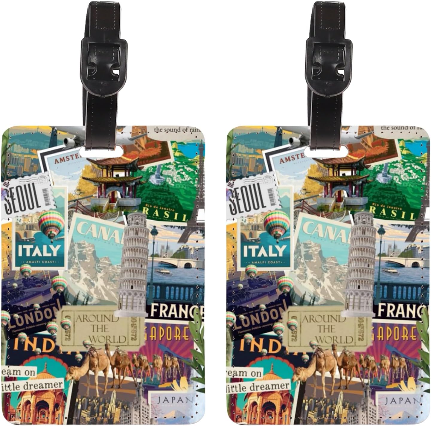 2 Pack Travel - Art Collage Luggage Tag for Suitcases, Pink Party Decorations Leather Tags, Essential Travel Unique Gift for Men Women Couples Lover, Funny Christmas Birthday Gifts