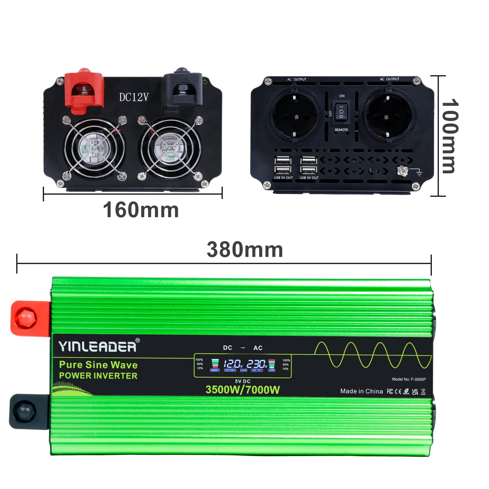 Yinleader 3500W /7000W Spannungswandler 12V auf 230V Reiner Sinus, Wechselrichter mit Fernbedienung, 2 EU-Steckdosen, 4 USB und LCD, Heavy Duty Inverter für Wohnmobil, LKW & Solar