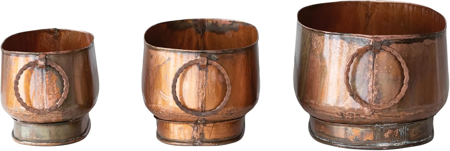 Creative Co-Op 3-Piece Oval Metal Planters with Ring Handles, Antique Copper Finish