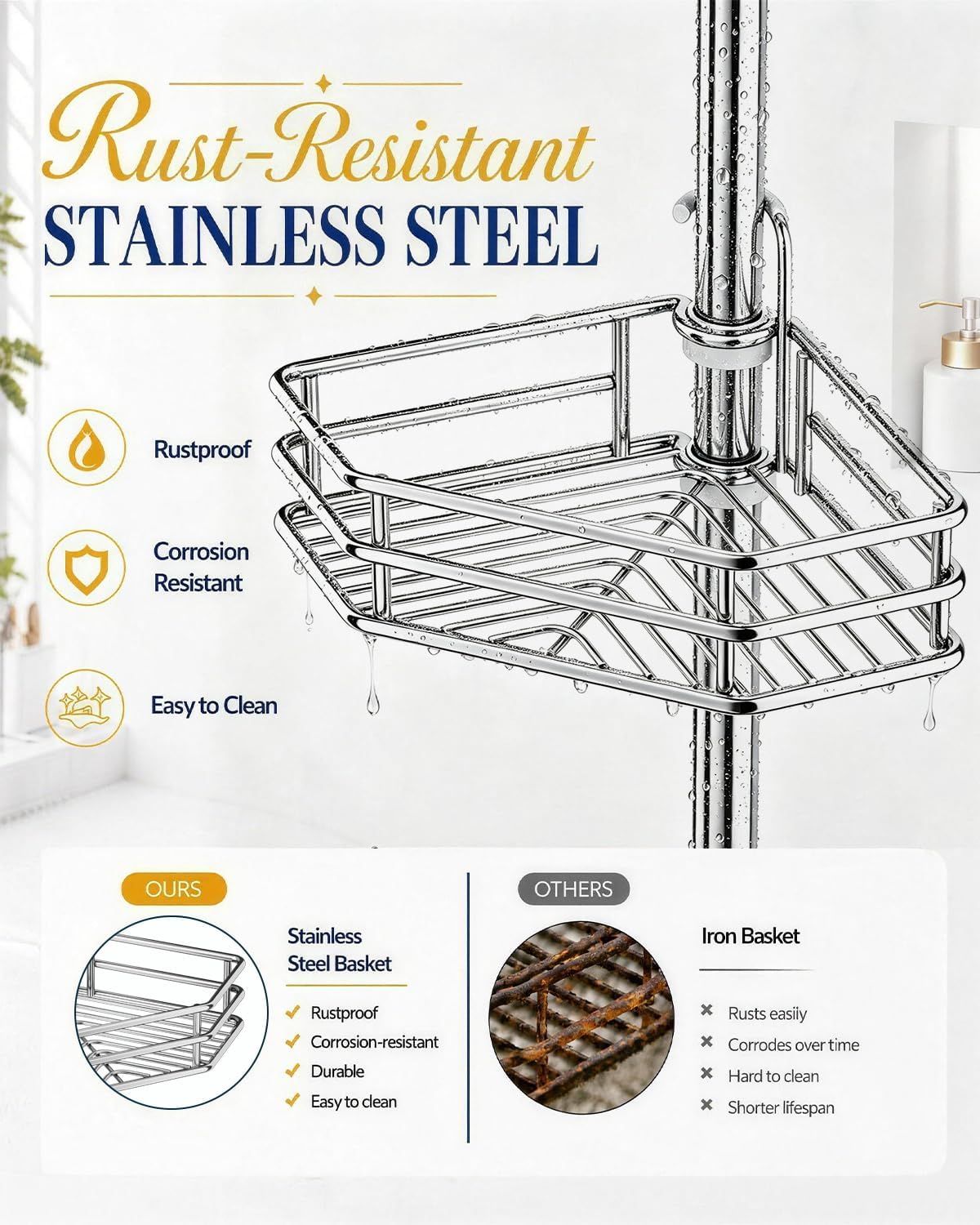 SEIRIONE Rustproof Corner Shower Caddy Tension Pole for Bathroom Storage image 3