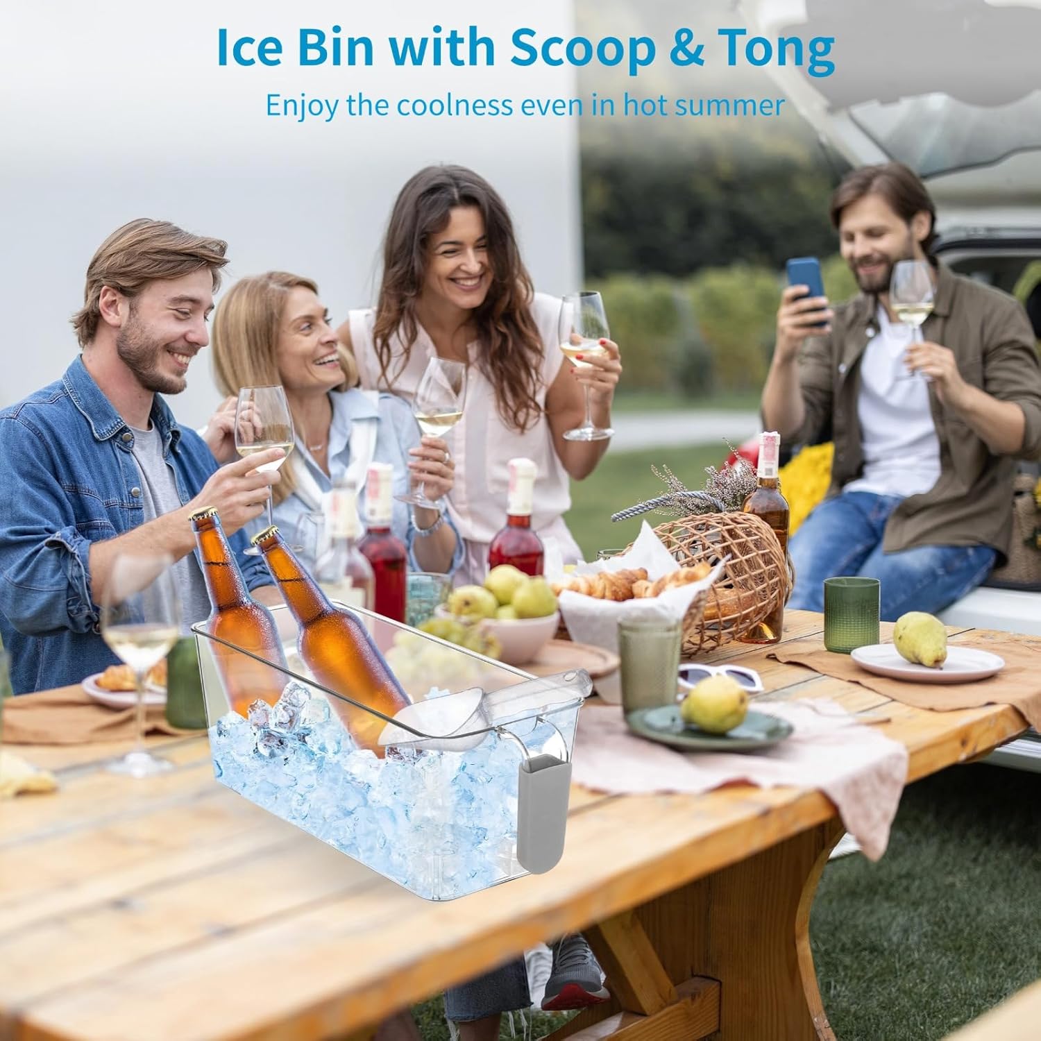 6 Piece Freezer Ice Bin Set, Ice Storage Buckets with Scoop and Tongs, Clear Plastic Containers with Pull-Out Handle, Two Size Options Designed for Drinks and Parties