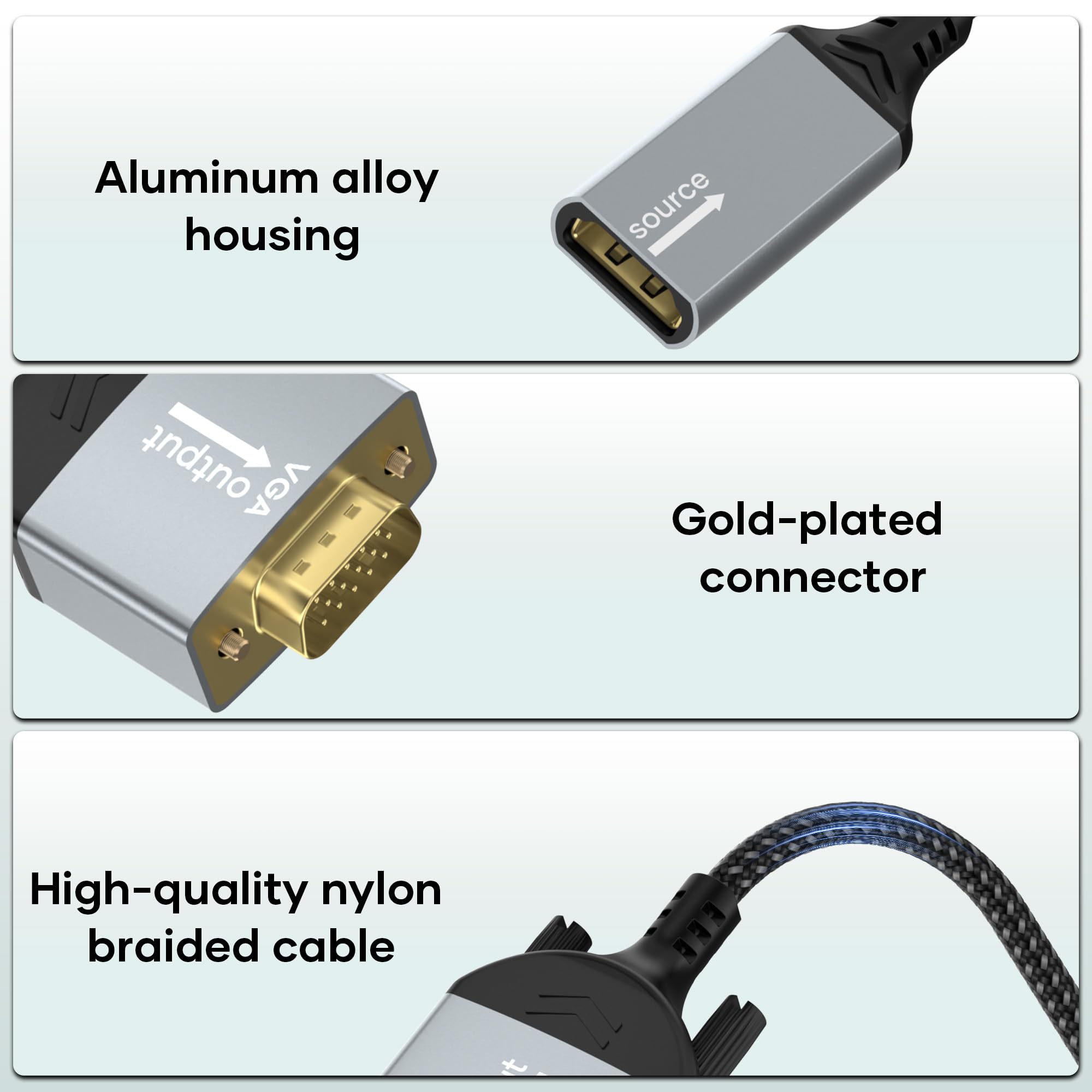 unidirektional HDMI-zu-VGA-Adapter,HDMI-Buchse-zu-VGA-Stecker-Adapter,nylonummanteltes Kabel,1080p-HDMI-zu-VGA-Monitor-/TV-Adapter,geeignet für PCs,Laptops,TV-Sticks,HDTVs,DVD,Projektoren und Monitore