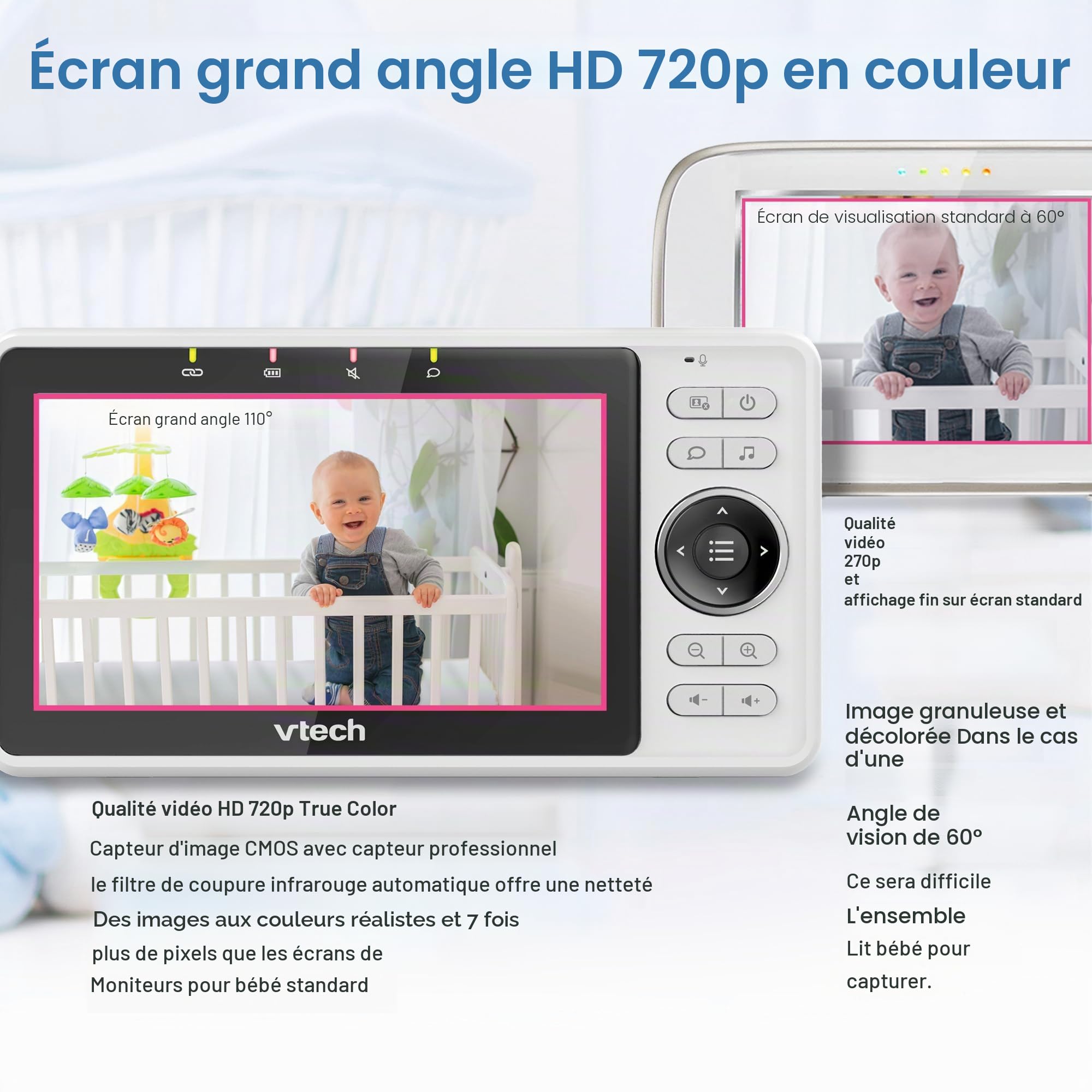 Vtech Smart Baby Monitor VM901-1W Écran LCD 5", caméra 1080p, Vue Grand Angle 120°, Vision Nocturne, Zoom pan-Tilt à Distance, Talc bidirectionnel, Fonctionne avec iOS et Android, WiFi