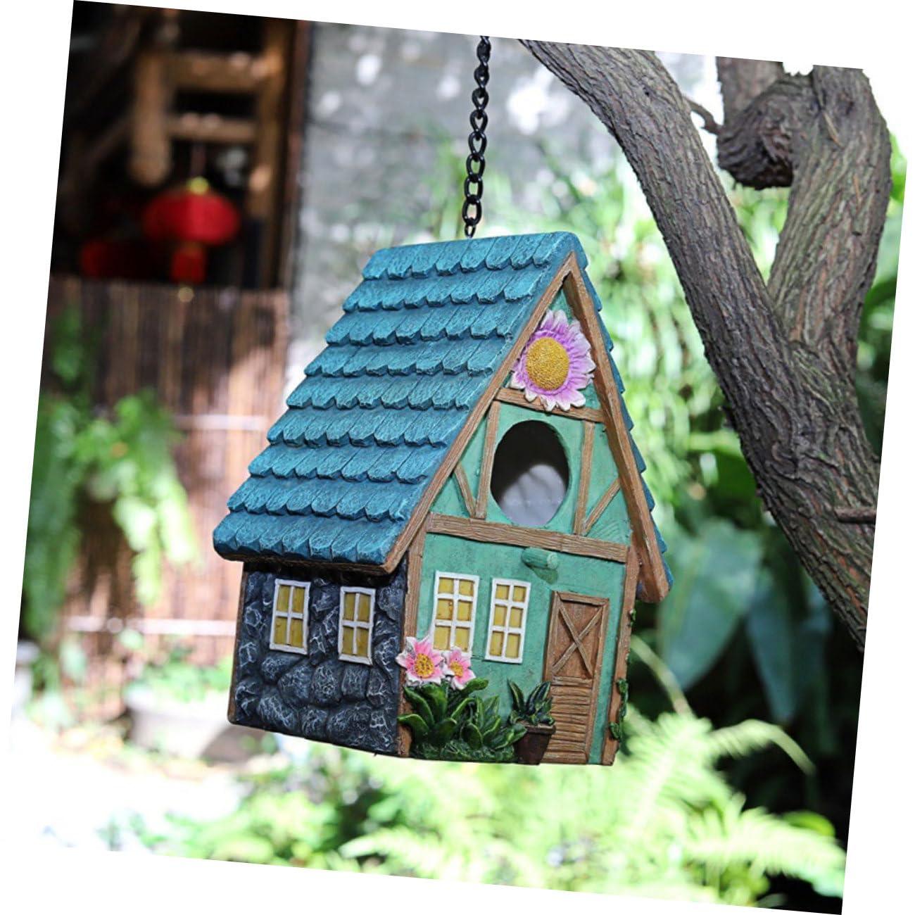 Casita para Pájaros de Resina, Colgante, Artesanal, Jardín | Refugio de Aves, Acabado Rústico y Sencillo, Aspecto Cercano Naturaleza, Fácil de Colgar
