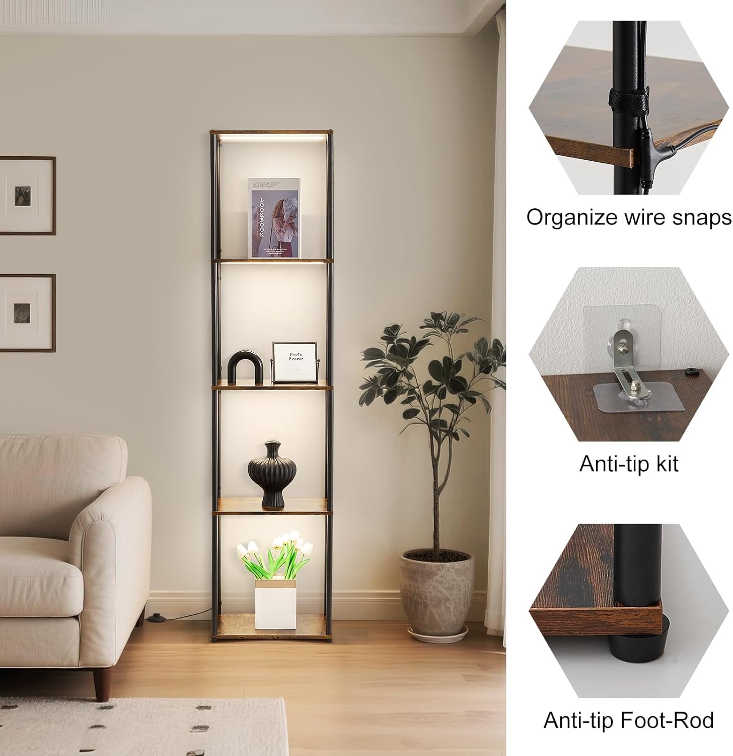 Tall Display Shelf with Lights, Dimmable LED Display Cases for Collectibles, Curio Cabinet with Adjustable Color Temperature, 5-Tier Corner Bookshef with Light, Floor Lamp with Shelves for Living room