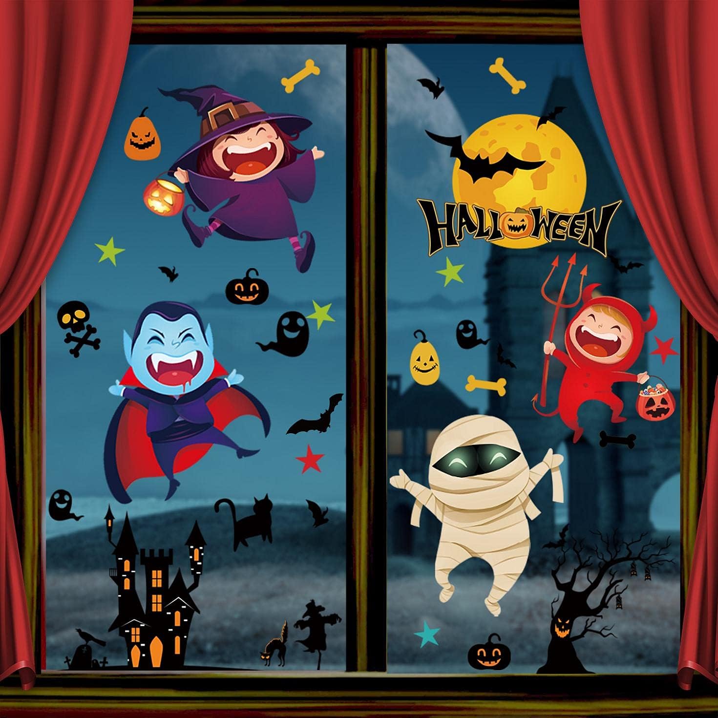Vancavoo Halloween Window Stickers Halloween Window Decorations Halloween Window Clings Halloween Decals Witch Mummy Vampire Pumpkin Wallpaper Poster Silhouette Party Double Sided Reusable Display