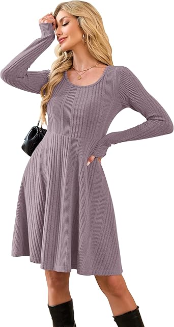 Vestido De Invierno De Punto Para Mujer - Manga Larga, Cuello Redondo, Con Bolsillos Y Cintura Elástica