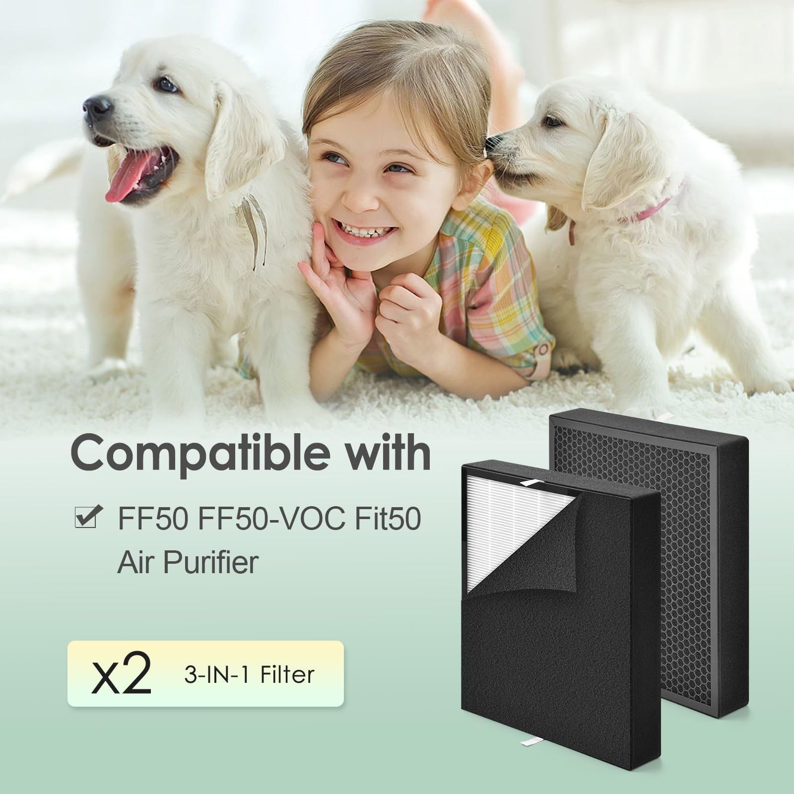 Filtro de repuesto de carbono plateado compatible con A Len FF50 Fit50 Filtro purificador de aire BreatheSmart FF50-VOC, filtro HEPA 3 en 1 H13 True con prefiltros, paquete de 2