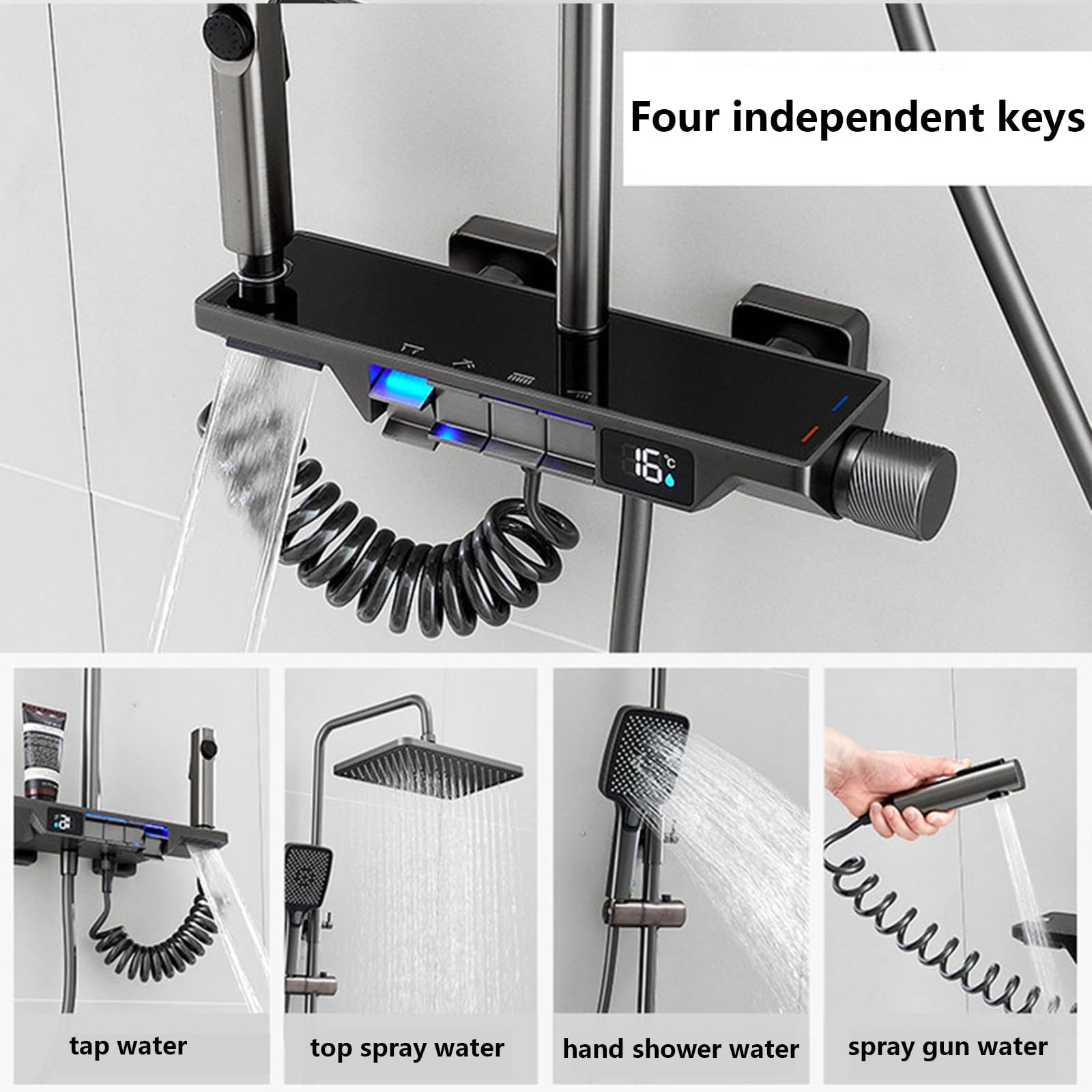 Set Rubinetto Doccia Grigio con Display della Temperatura, Miscelatore a 4 funzioni, soffione a Pioggia, doccetta, doccetta Bidet, beccuccio per Vasca.