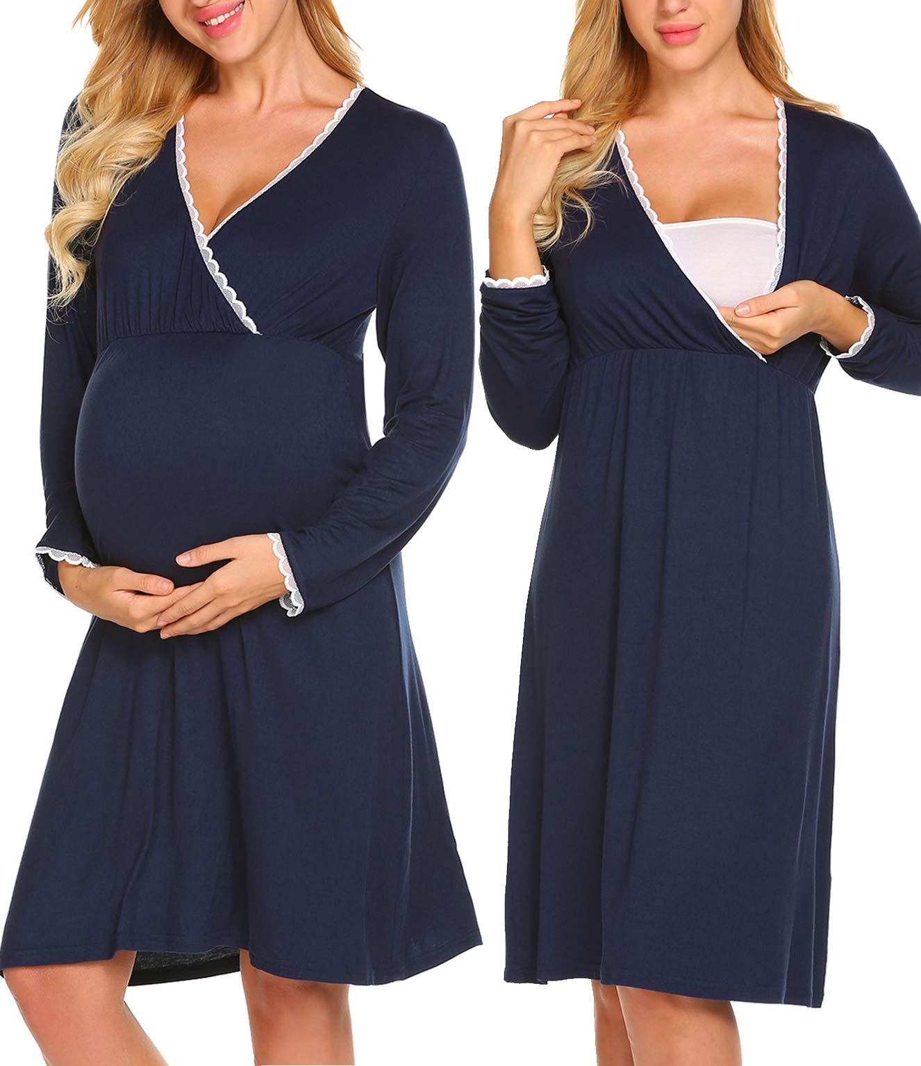 Ekouaer Women Nursing Nightgown Mom Pregnancy Clothes Easy Breastfeeding Nursing Gown(Navy Blue M)
