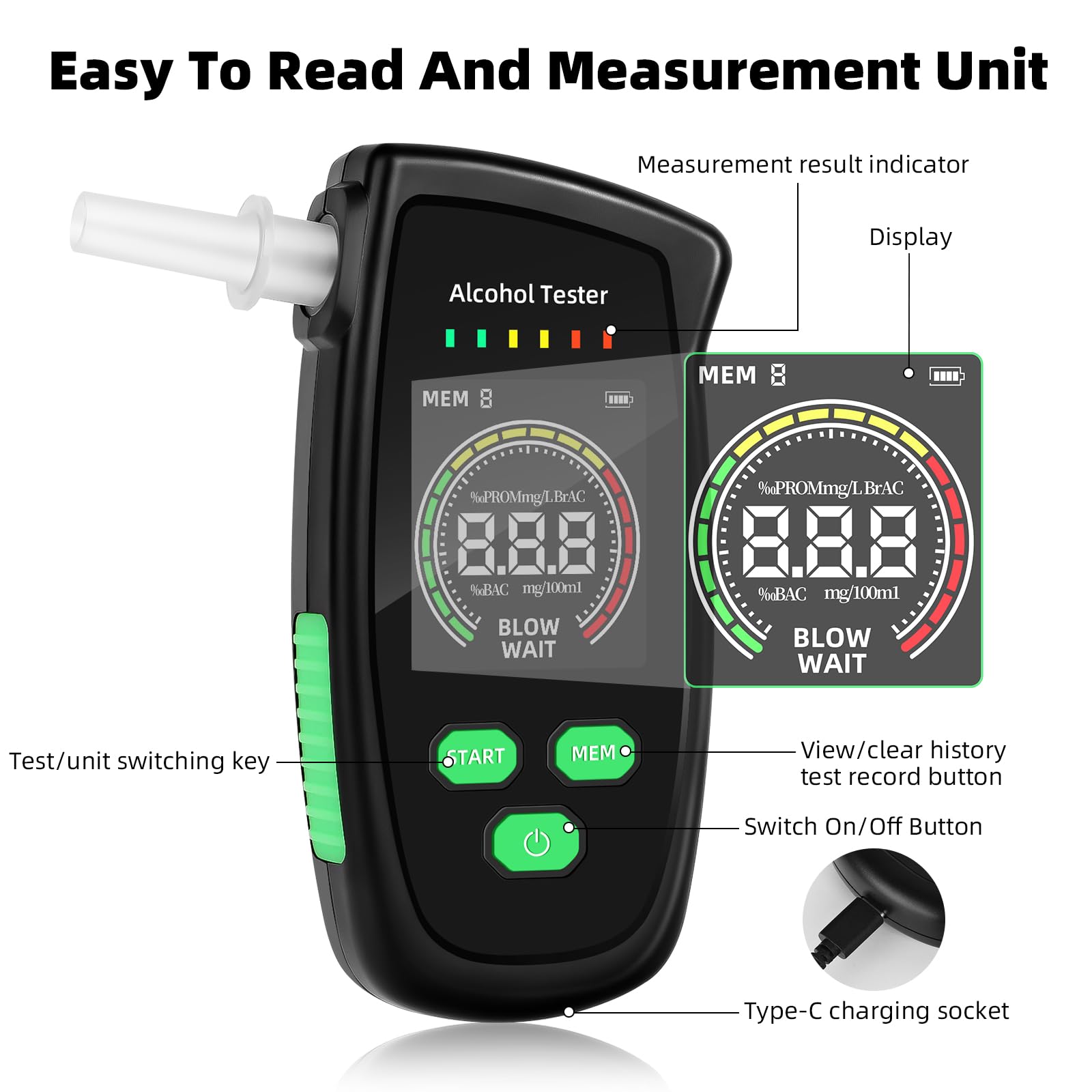 Éthylotest électronique Rechargeable Brioza - Homologué NF - 5 Embouts - Écran LCD - Mesure Haute Précision - Pour Usage Personnel Ou Professionnel