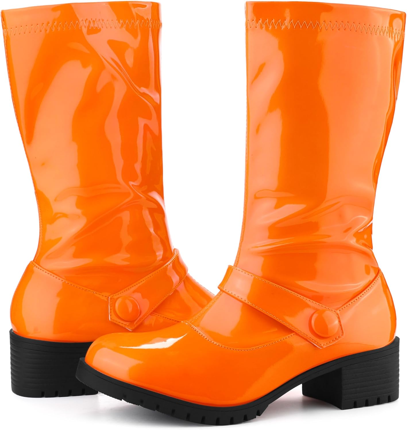 Allegra K Women's Mid Calf Boots Chunky Heels Patent Leather GO GO Boots