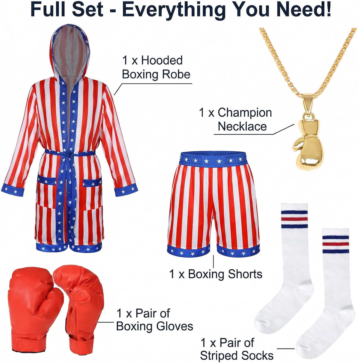 4PCS American Flag Boxing Costume for Men Women, Rocky Balboa Robe, Boxer Outfit with Gloves, Socks and Necklace