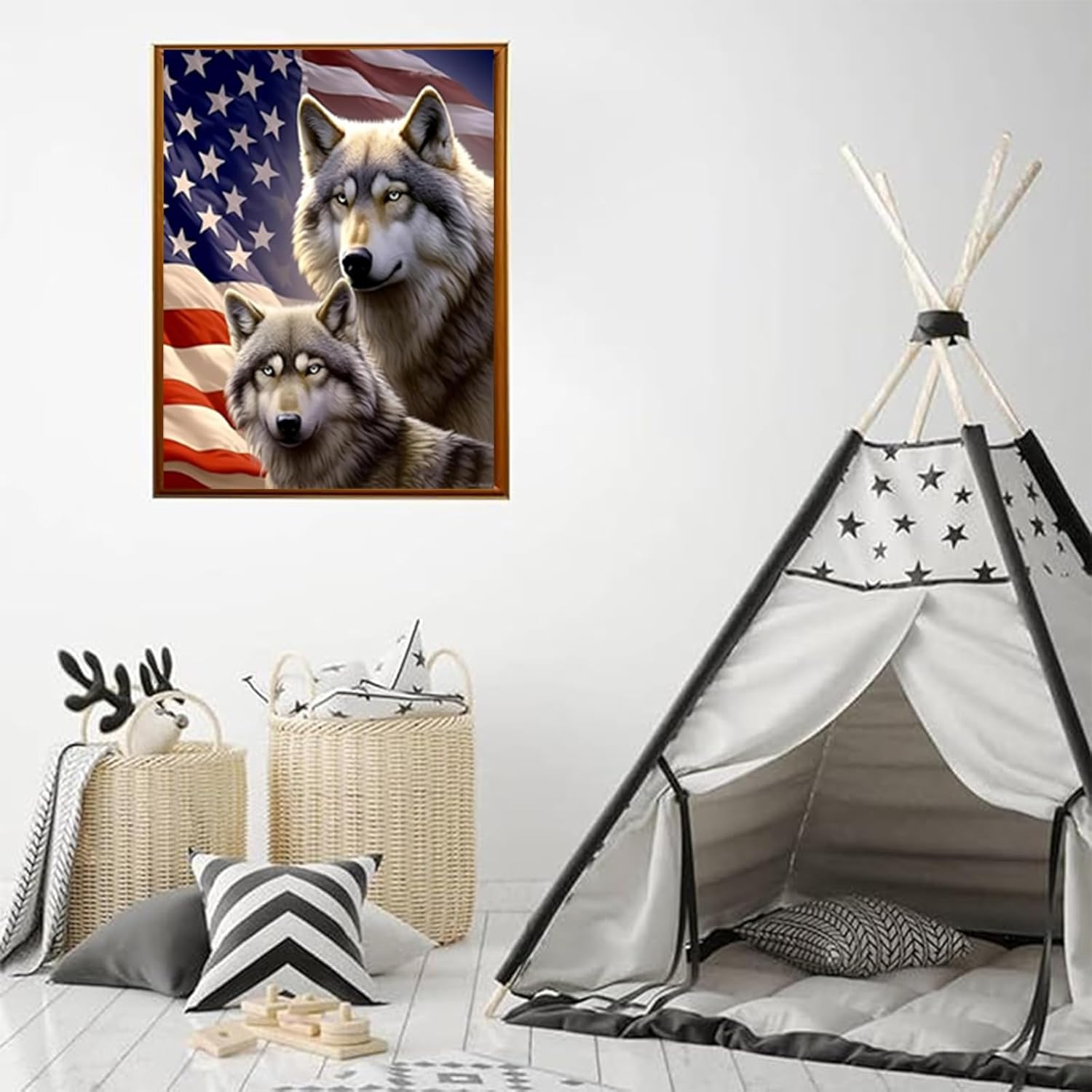 Wild Wolf 5D American Flag Wolves Christmas Decor Diamond Painting Kits, Diamond Painting, Full Round Diamond Art Kits for Adults Diamond Dots Piant by Numbers Kits New Years Decorations12x16 inch