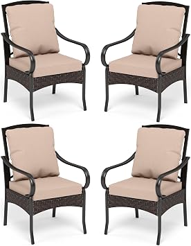 PHI VILLA Patio Dining Chairs Outdoor Wicker Chairs Set of 4 with Cushions | Heavy Duty Outdoor Metal Wicker Dining Chair with Padded Cushions, Large All Weather Wrought Iron Patio Chair for Balcony