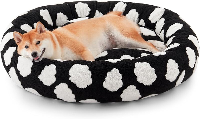 Cama redonda tipo donut para cães JOEJOY em jacquard preto, capa removível lavável, tamanho Médio, 76,2 x 76,2 x 20,32 cm