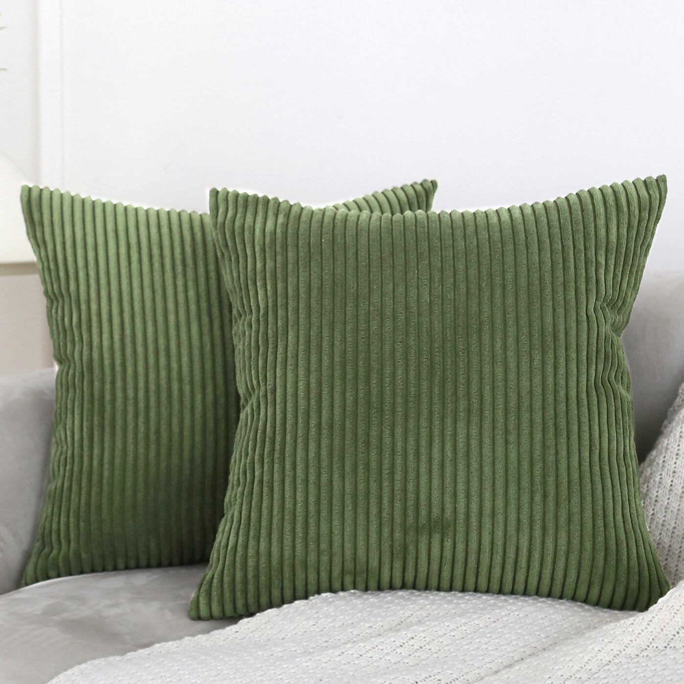 Pack of 2 Moss Green Corduroy Decorative Throw Pillow Covers 24x24 Inch Striped Spring Cushion Covers Cozy Boho Pillowcase Farmhouse Home Decor Soft Accent Euro Shams for Couch Sofa Bed 60x60 cm Moss Green 24" x 24" (Pack of 2)