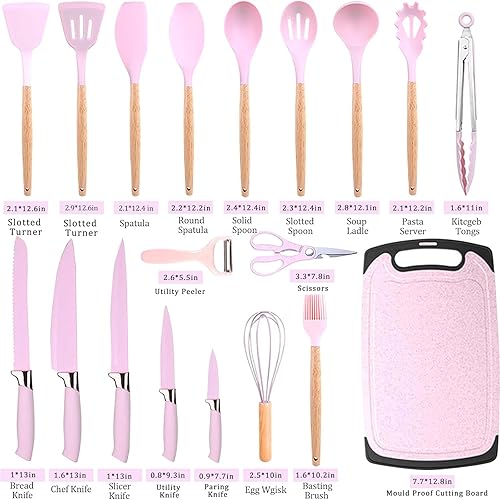 Miniatura 9 de Juego de utensilios de cocina, juego de 20 cuchillos de cocina de acero inoxidable, utensilios de cocina de silicona con asas de madera, accesorios