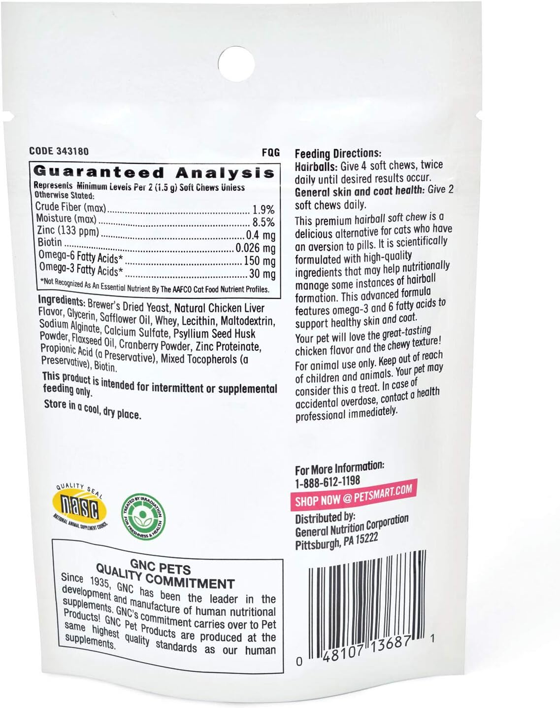 GNC Pets Ultra Mega Hairball formula Soft Chews Supplement for Cats, 45 Count - Chicken Flavor | Supports a Beautiful Coat | Healthy and Natural Pet Supplements Safe for All Cats